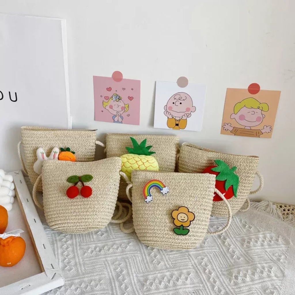 Túi Xách Cói Đeo Chéo Hình Động Vật / Hoa quả Ngộ Nghĩnh Cho bé