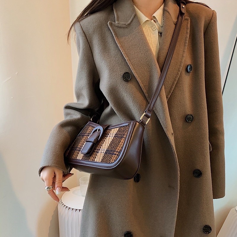 Túi Đeo Chéo Nữ Phối Thổ Cr, Túi Xách Nữ Dạ Kẻ Thời Trang Hàn Quốc