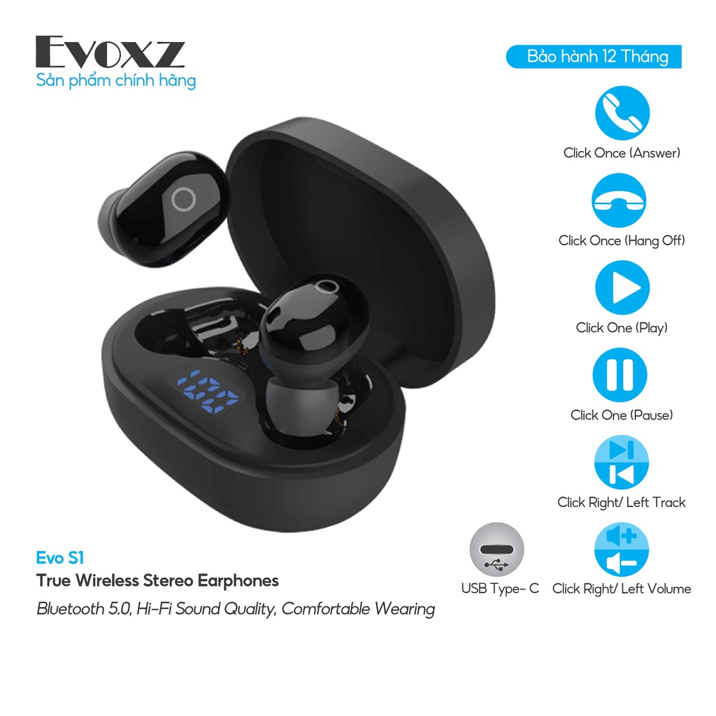 Tai nghe Bluetooth TWS Evoxz EVo S1 Màu Đen - Hàng Chính Hãng