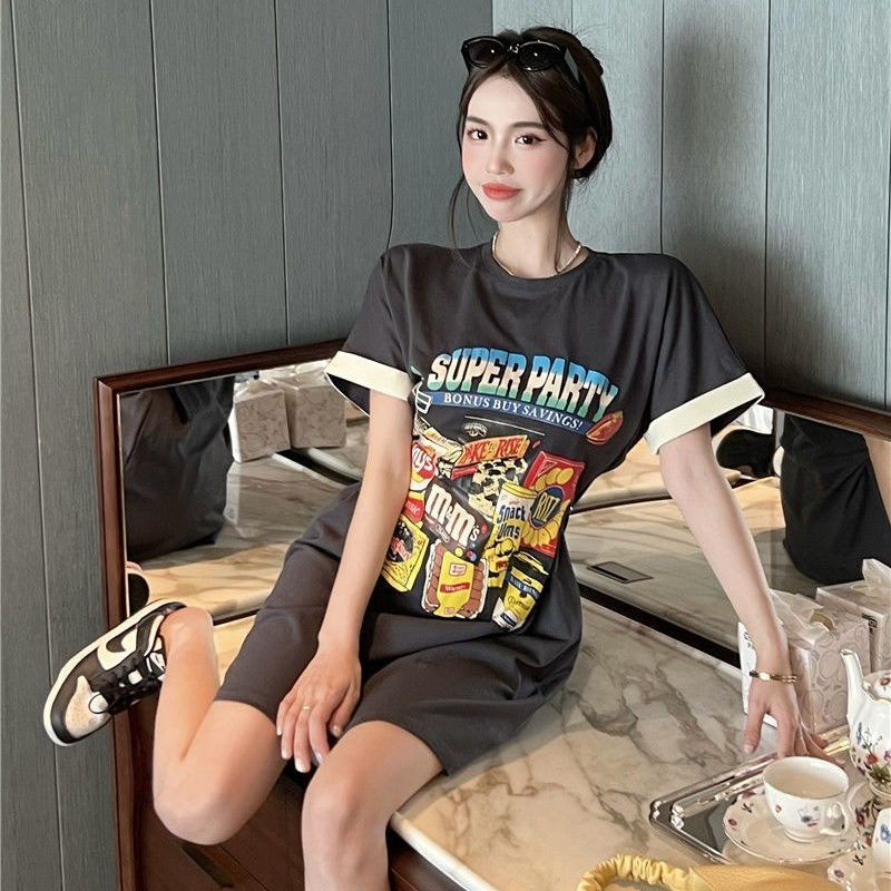 Đầm Thun Ngắn Tay Form Rộng Thời Trang Mùa Hè Hàn Quốc Cho Nữ