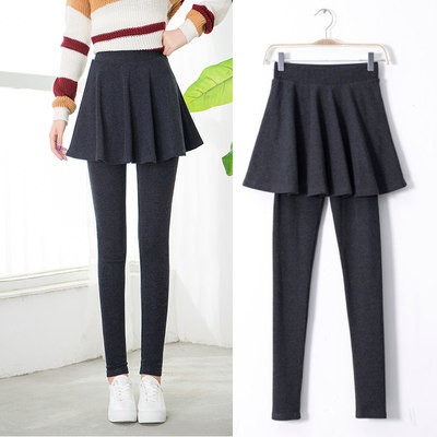 Quần Legging Hai mảnh giả cotton mùa thu đông phong cách Hàn Quốc váy nữ mặc ngoài eo cao váy xếp li quần dày không có đ