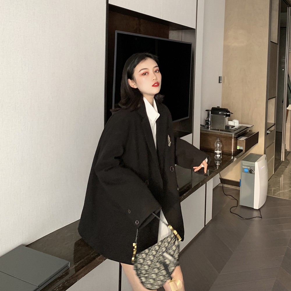 Áo Khoác Len Dáng Rộng Màu Đen Phong Cách Retro | BigBuy360 - bigbuy360.vn