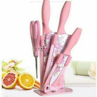 Bộ dao nhà bếp 7 món in hoa hồng có hộp đựng