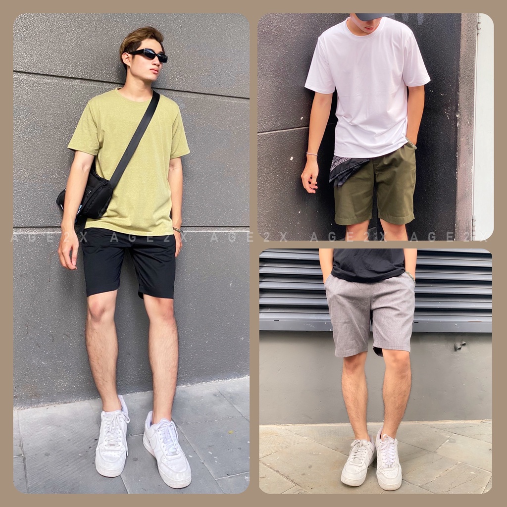 Quần short Nam AGE2X Phiên bản LƯNG THUN toàn phần, không cần dây kéo hay nút cúc, chất kaki cotton, hàng VNXK wash mềm