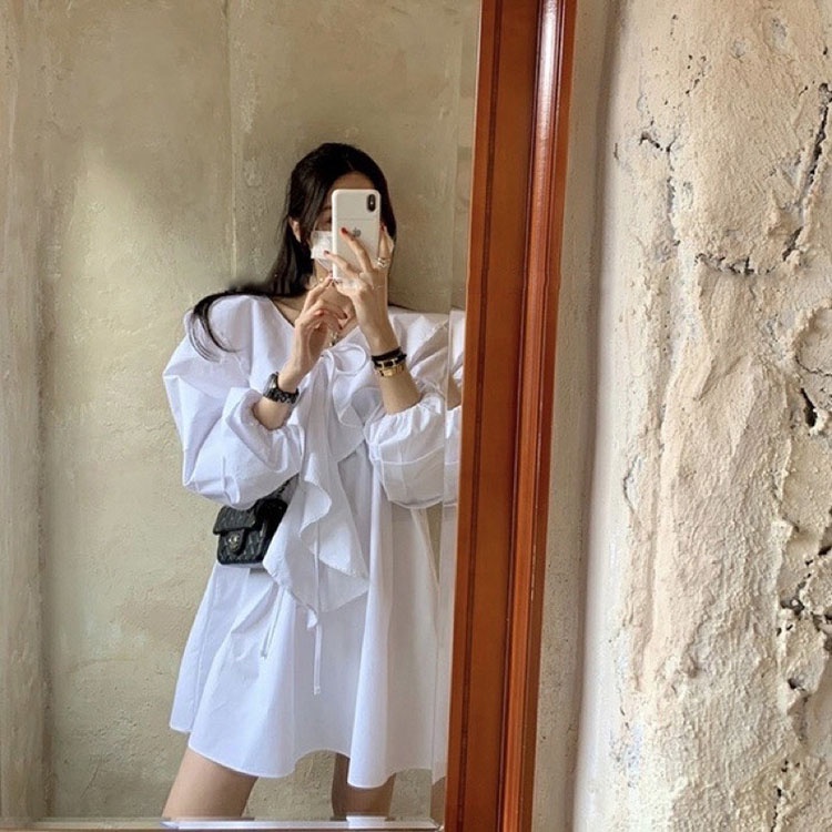 Đầm sơ mi nữ cổ bèo dáng suông Váy dài tay cổ tim đơn giản | BigBuy360 - bigbuy360.vn