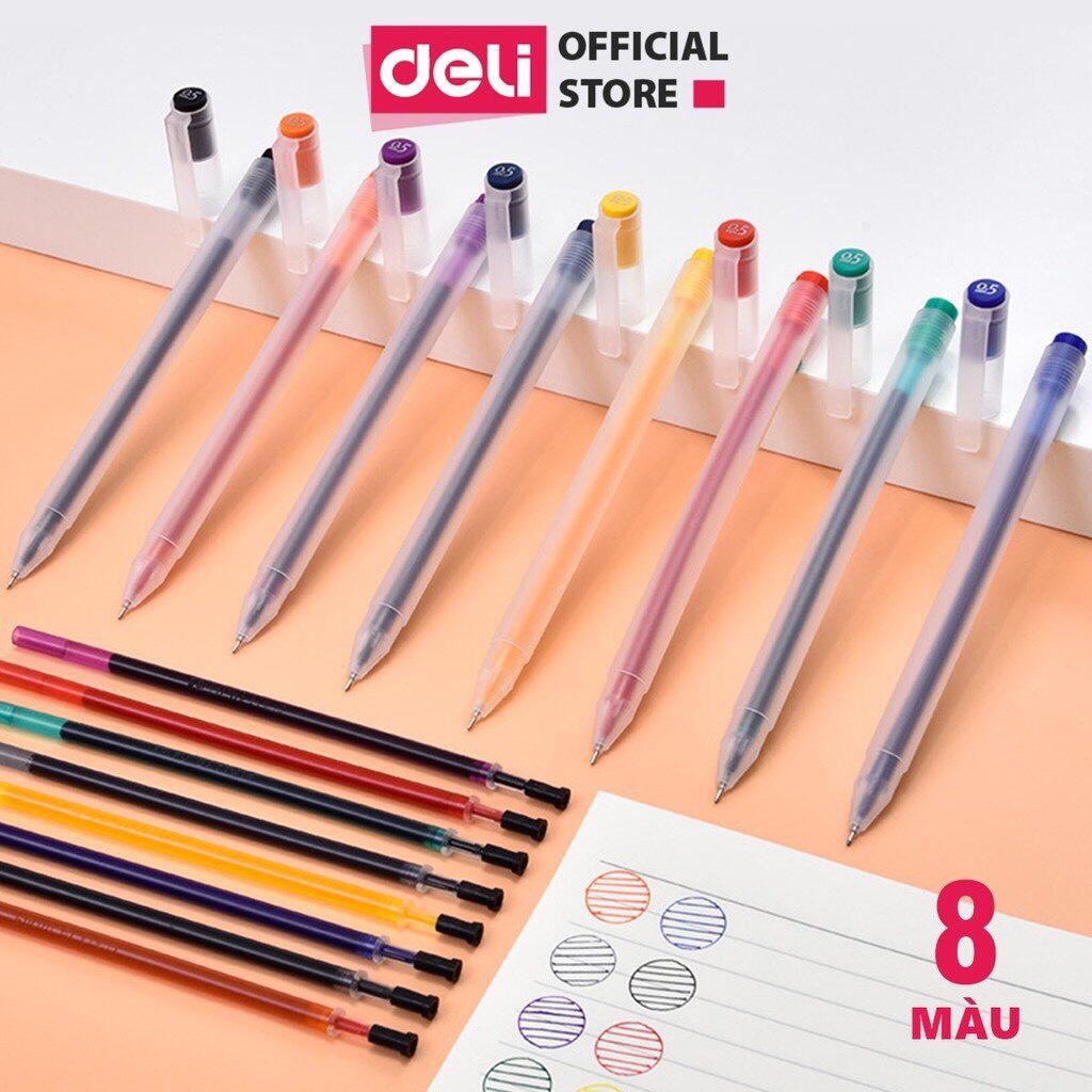 Bút mực gel Deli A119 nhiều màu có nắp đậy, đầu bút 0.5mm dùng để trang trí sổ, viết Bullet journal.