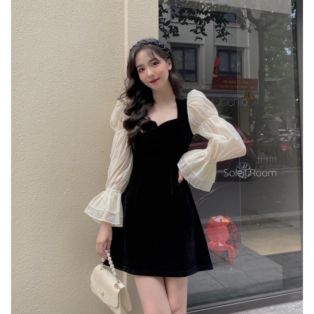 Váy Nhung Phối Tay Voan ❤️❤️[RẺ VÔ ĐỊCH]❤️❤️ Siêu Sexy, Chất Siêu Đẹp | BigBuy360 - bigbuy360.vn