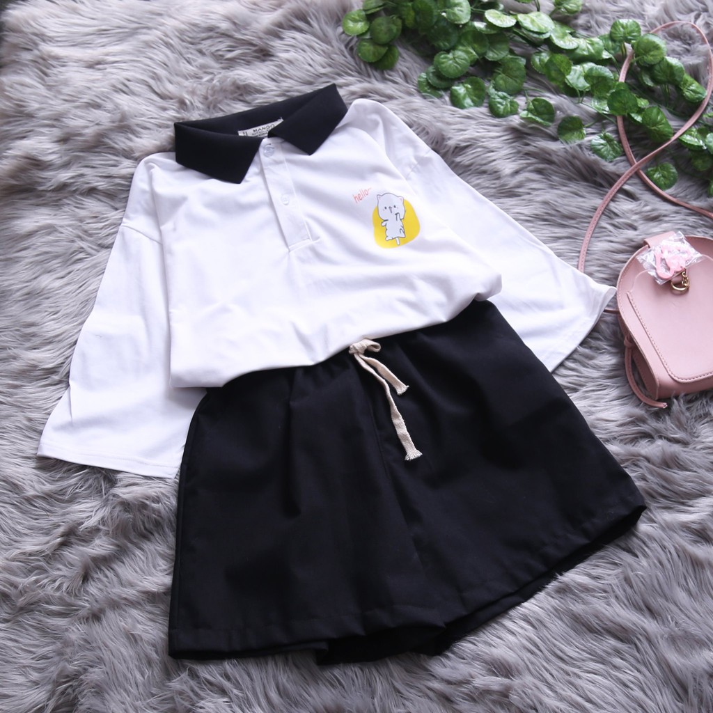 ÁO THUN POLO TAY LỬNG HỌA TIẾT HÌNH MÈO CON