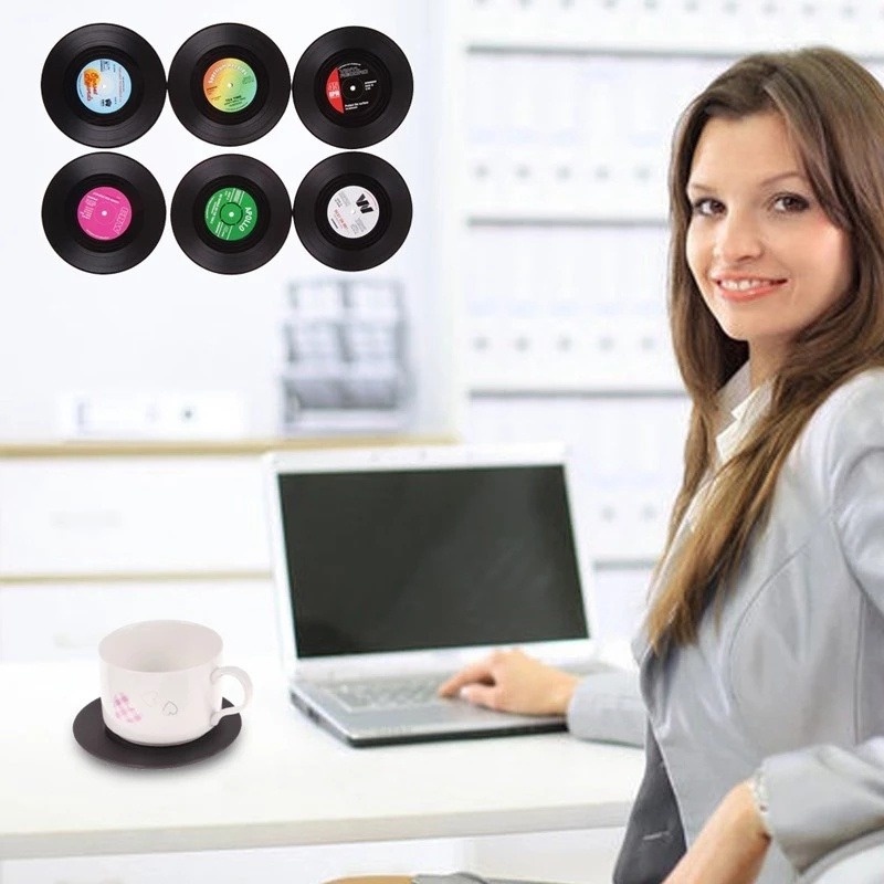Đế lót cốc bằng nhựa silicone màu đen hình đĩa hát CD cổ điển