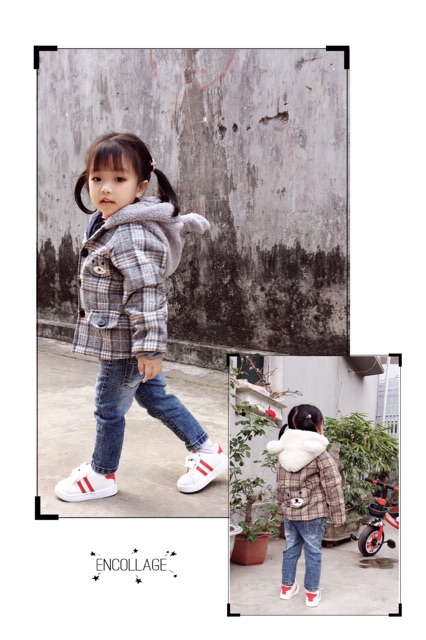 Áo khoác gấu dạ kẻ mũ lông cừu | BigBuy360 - bigbuy360.vn