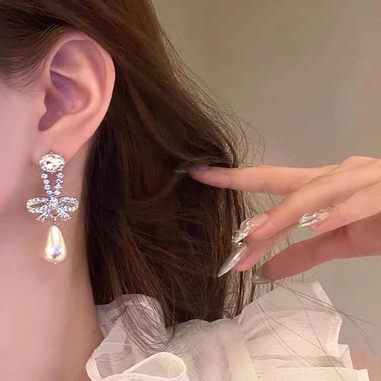 Bông Tai Mạ Bạc 925 Hình Nơ Đính Ngọc Trai Cao Cấp Phong Cách Hàn Quốc