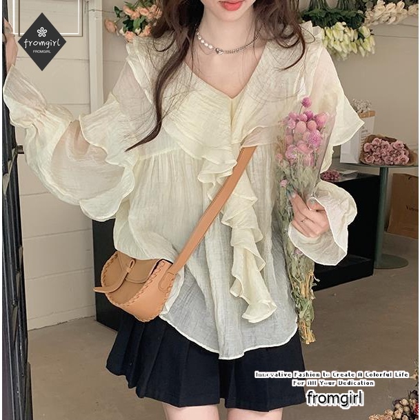 Áo Sơ Mi chiffon Tay Dài Phồng Cổ Chữ v Thời Trang Xuân Hè 2022 Mới Dành Cho Bạn Nữ