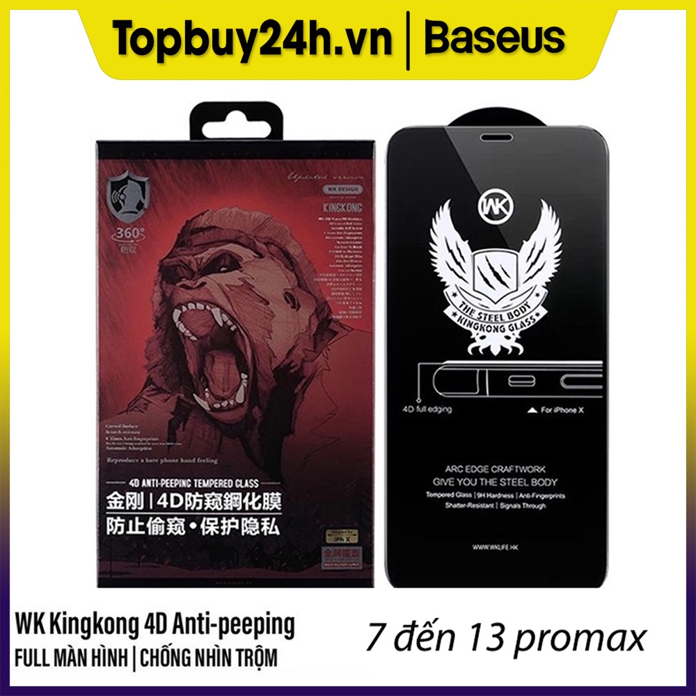 Miếng Dán Cường Lực Chống Nhìn Trộm KingKong 7 đến 13 Pro Max cảm ứng mượt mà, chống bám nước vân tay