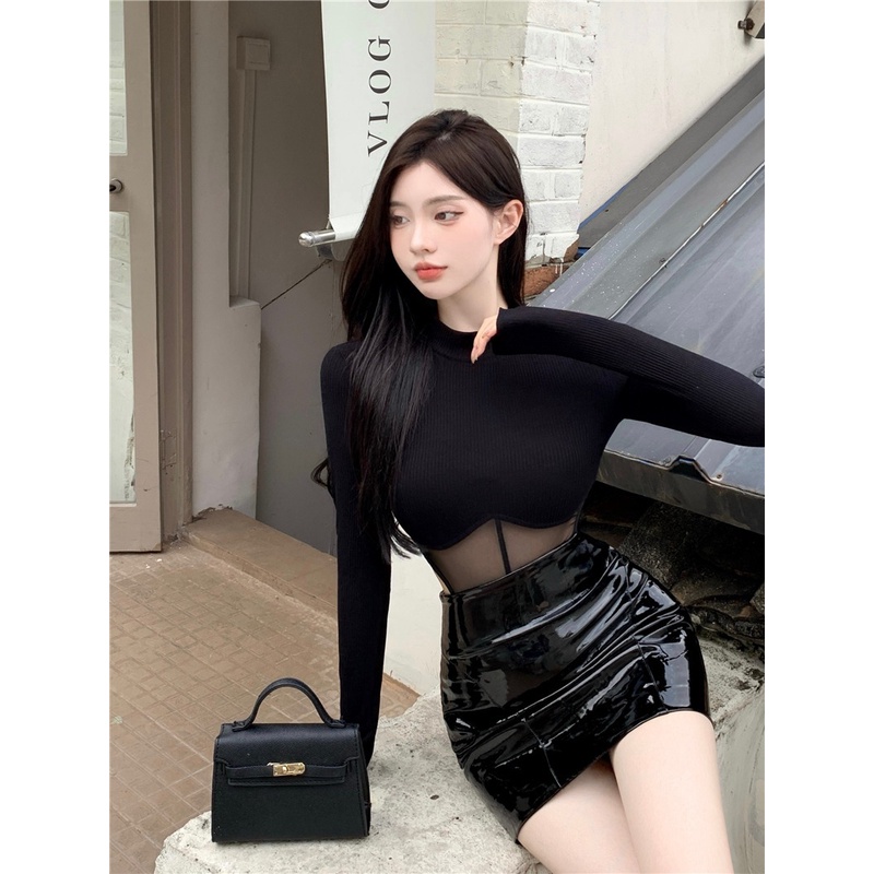 Áo thun dài tay bó sát thiết kế lưới khâu jumpsuit mùa hè