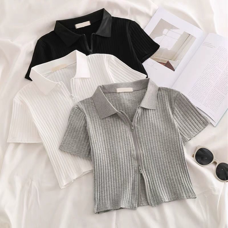 Áo polo Tay Ngắn Có Khóa Kéo Màu Trơn Bằng Vải Cotton Thời Trang Mùa Hè Dành Cho Bé Gái