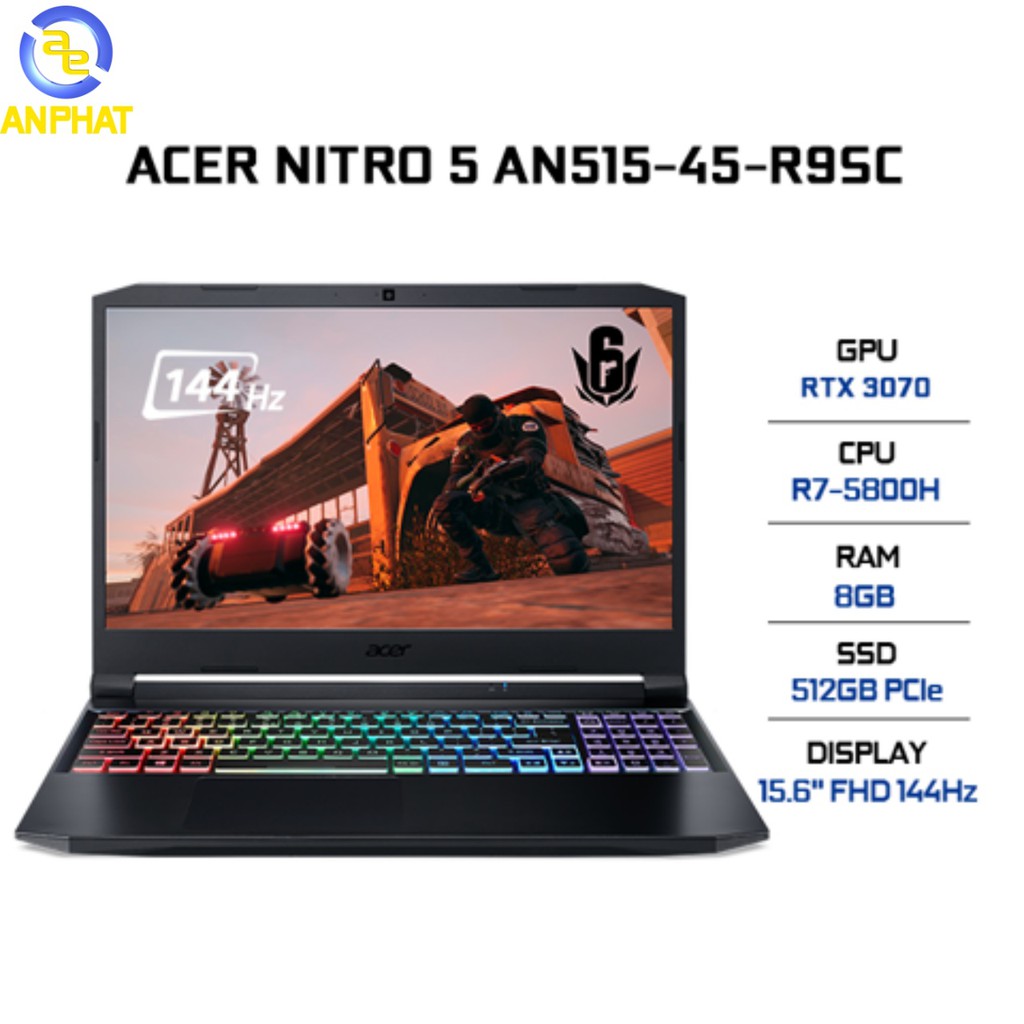 Laptop Acer Nitro 5 AMD AN515-45-R9SC Ryzen 7-5800H | 8GB | 512GB | RTX TM 3070 8GB | 15.6 inch FHD | Win10