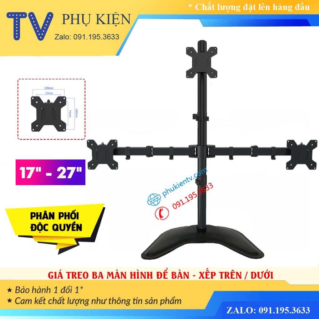 [Đầu Tiên Tại VN] Giá Treo Ba Màn Hình Để Bàn 17 - 27 Inch - Tay Đỡ Ba Màn Hình Xoay 360 Độ - Model: XGZ-03