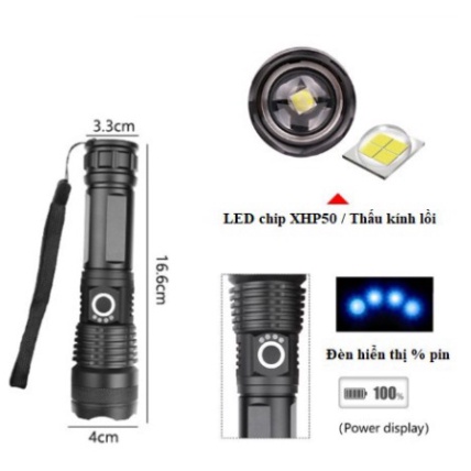 Đèn pin siêu sáng XHP50 chính hãng bản cao cấp tích điện dung lượng lớn, đèn pin mini bóng LED 3 chế độ sáng