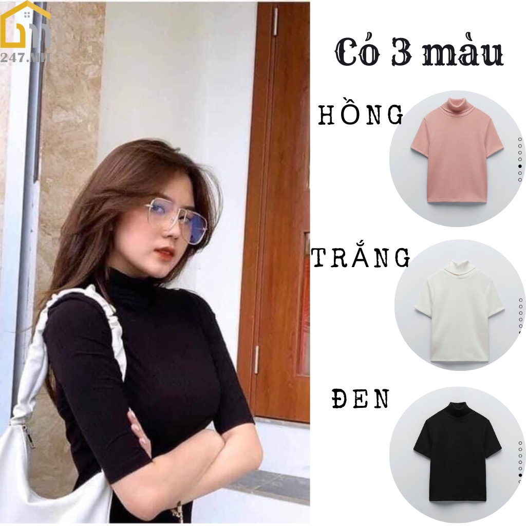 Áo cổ lọ cộc tay chất liệu thun gân
