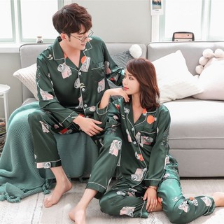 Bộ đồ ngủ pijama dài tay cổ V họa tiết giản dị cho cặp đôi