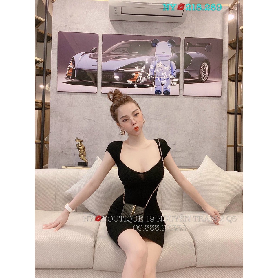 đầm gân body kiểu cổ vuông rộng cúp ngực