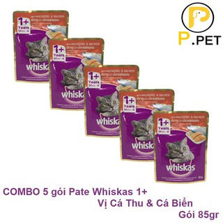 COMBO 5 gói Pate Cho Mèo Tuổi 1+ Whiskas - Pate Cho Mèo - Vị Cá Thu & Cá Hồi - Gói 85gr - P.Petshop
