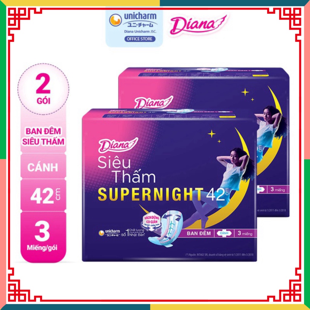 Bộ 2 gói băng dọn dẹp Diana siêu thấm Supernight 42cm 3 miếng/gói ( Đại lý Ngọc Toản)