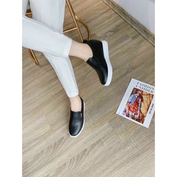 Giày slip on độn đế 7p da lì siêu nhẹ, giày sneaker nữ không cần buộc dây dễ phối đồ nữ đi làm đi chơi