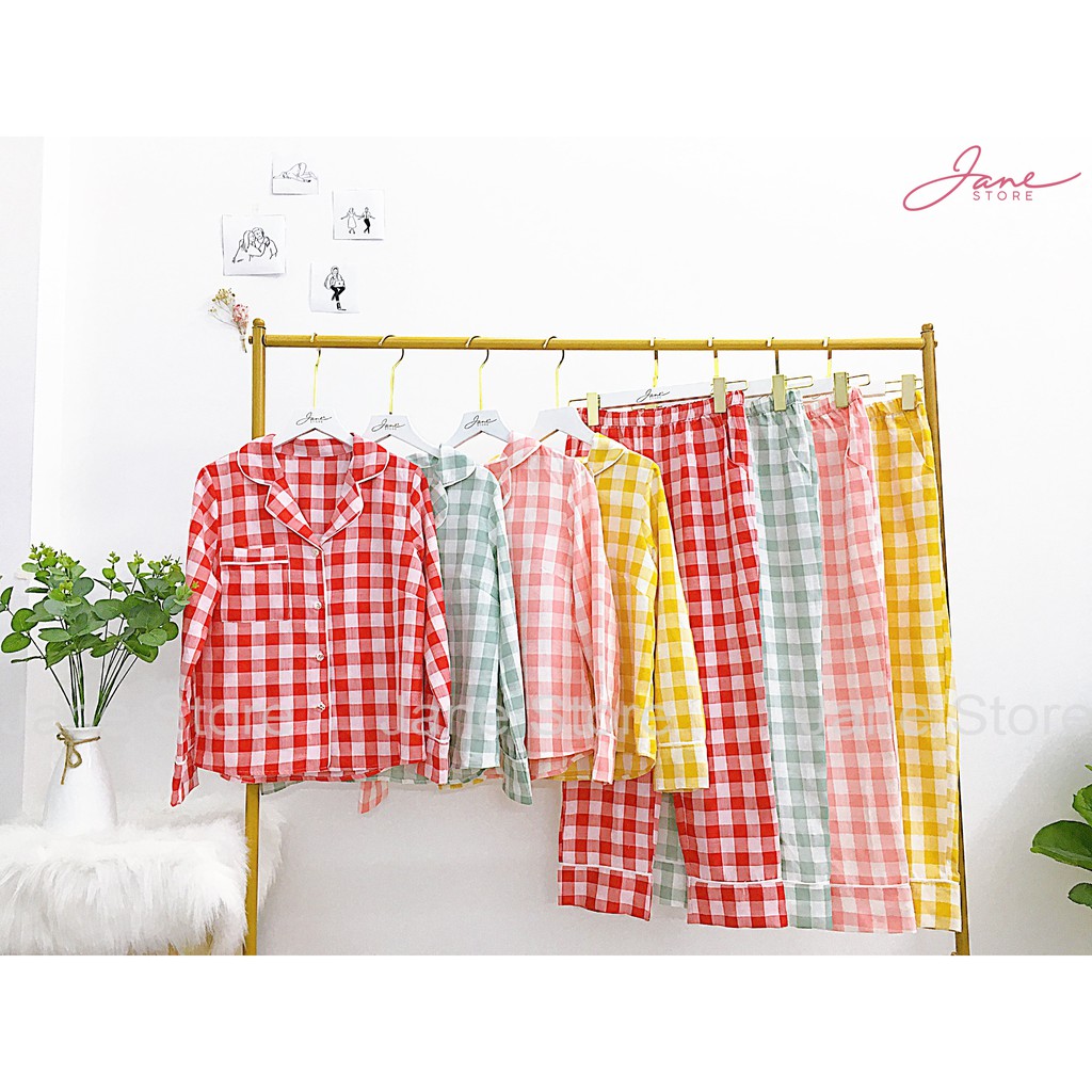 Bộ đồ Pijama kẻ caro bản to JANE chất liệu vải thô 4 màu K7