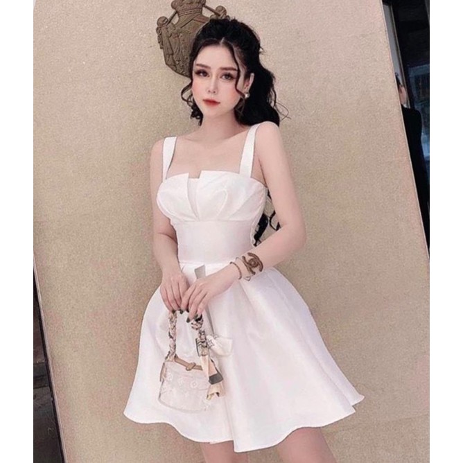 Đầm Nữ Xòe Hai Dây Cúp Ngực 2 Màu (Da, Trắng) Qúy Cô Dự Tiệc Kèm Mút