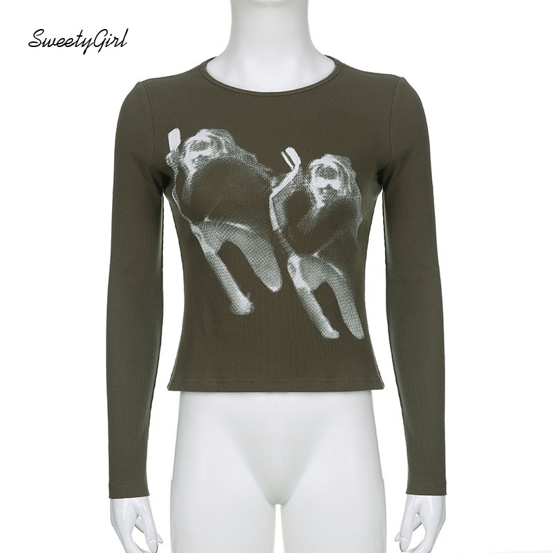 Áo Thun Tay Dài Cổ Tròn Dáng Ôm In Họa Tiết Thời Trang 2022 Dành Cho Nữ