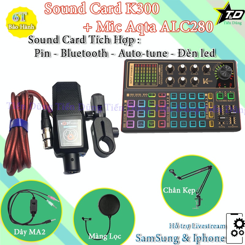 Bộ Mic thu âm Aqta ALC280 sound card k300 dây livestream MA2 chân kẹp màng lọc sound card k300 có autu tune bluetooth