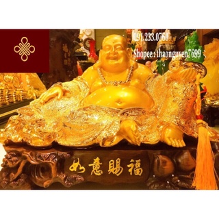 Tượng Phật Di Lặc vàng bóng áo gấm kim sa phong thuỷ (dài 50, rộng 24, cao 32)
