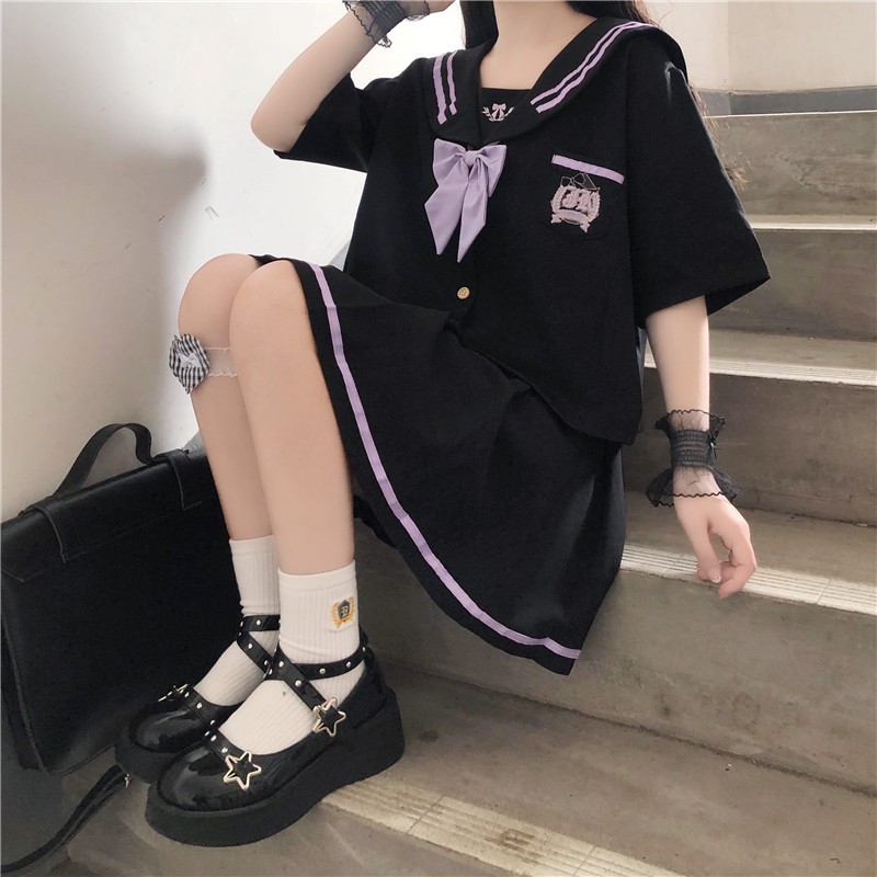Seifuku/ Set váy đồng phục học sinh Nhật Bản: áo cổ thủy thủ kẻ sọc tím thêu chữ JK + nơ + chân váy xòe xếp ly