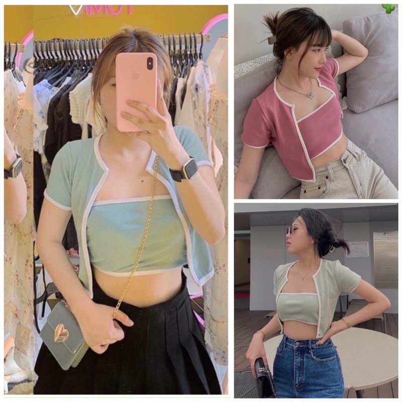 Set áo croptop ống + áo khoác viền chất tăm