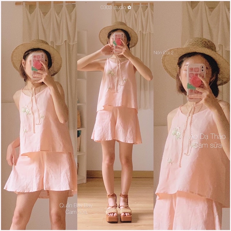 Dạ Thảo 7 màu thêu hoa bưởi - áo 2 dây linen tưng - 0303 studio