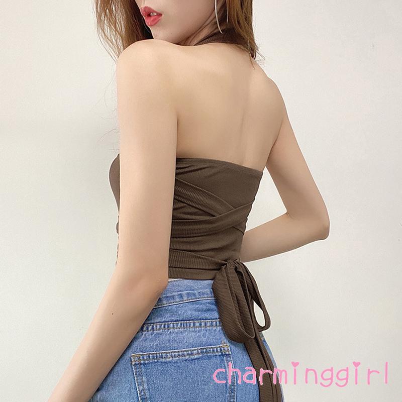 QAQ-Women´s Halter Camisole Letter Pattern Sleeveless Backless Bandage Slim Fit Vest Crop Tops