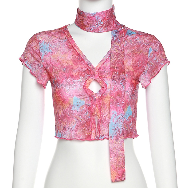 Áo Thun Tay Ngắn Cổ Chữ V Phối Khăn Choàng Thời Trang Cho Nữ