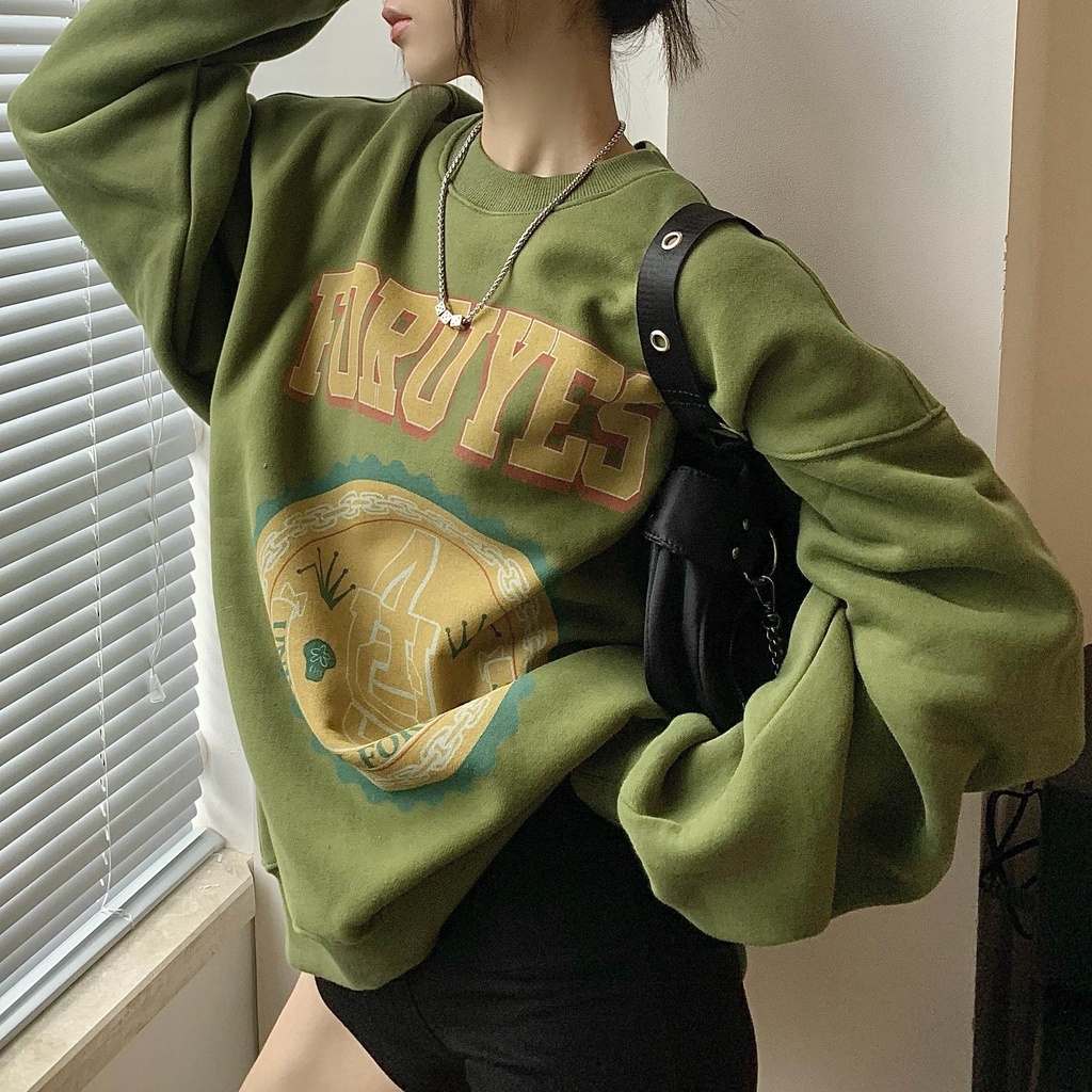 Áo sweater Lót Nhung Họa Tiết Trái Bơ Màu Xanh Lá Phong Cách Hàn Quốc Thời Trang Cho Nữ