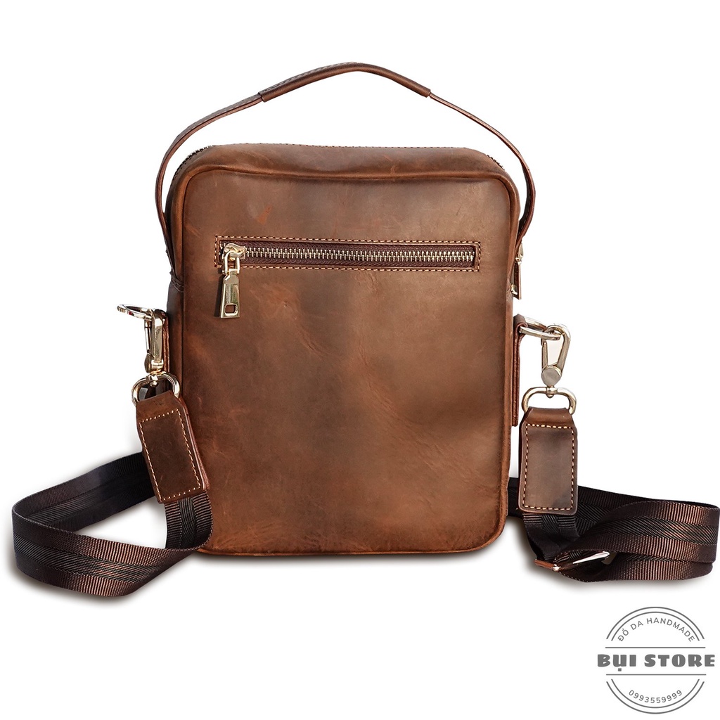 Túi chéo nam da thật, Túi đeo chéo thời trang nam da bò sáp 100% khâu tay Handmade