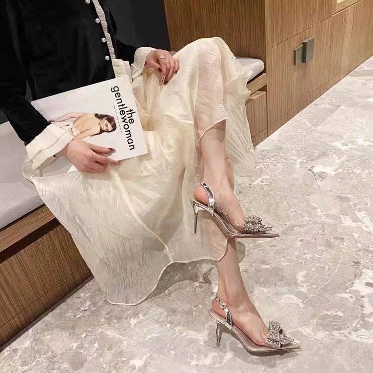 Giày cao gót mũi nhọn đính nơ pha lê trong suốt phong cách cổ tích thời trang nữ