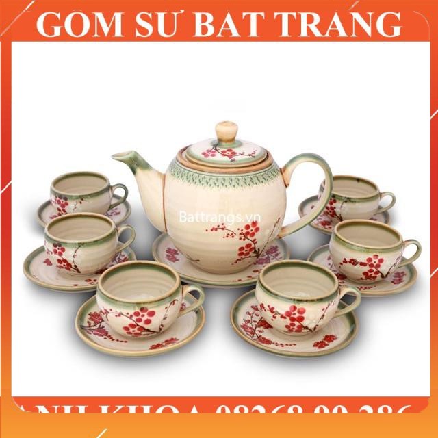 Ấm chén nghệ nhân vẽ Hoa đào và lá xanh - Gốm sứ Bát Tràng Anh Khoa