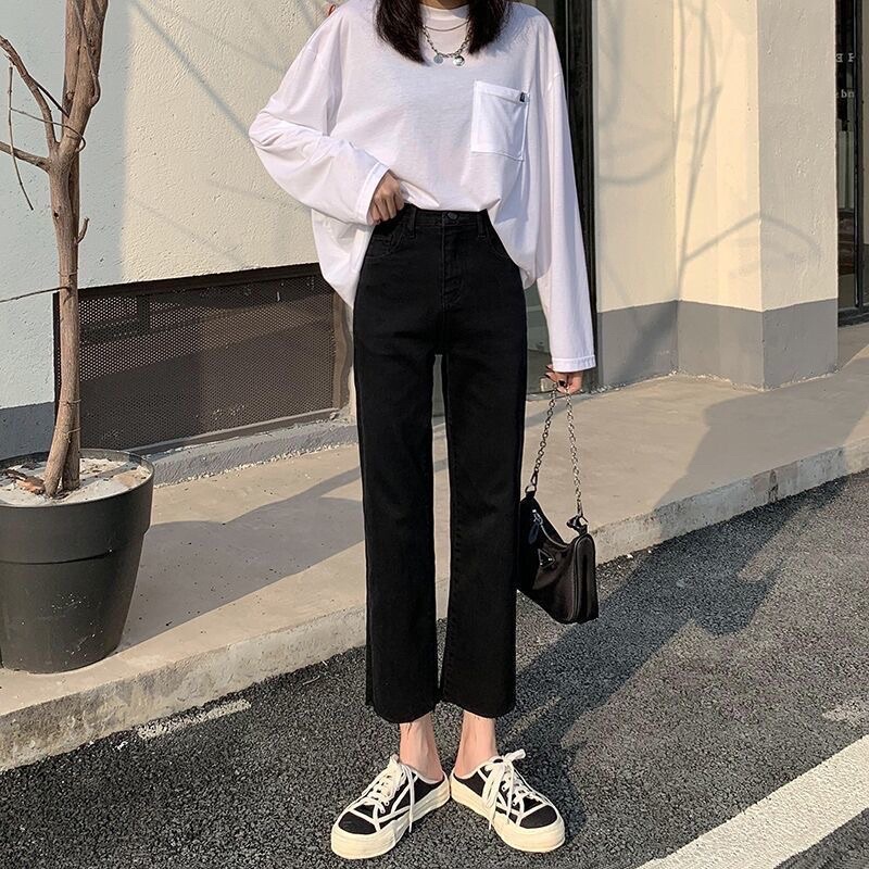 Quần Jeans Nữ Ống Đứng Màu Đen Cạp Cao Chất Jean Co Dãn Đàn Hồi Dài 9 Tấc Hách Đùi Thon Lên Dáng Năng Động Mặc Hàng Ngày