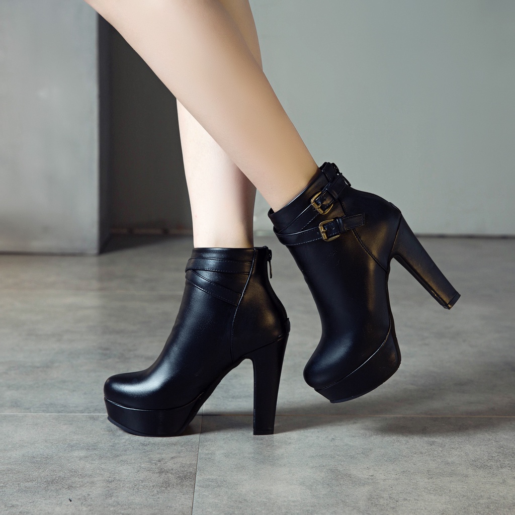 [ Ảnh thật+ Video] Giày boot nữ cổ ngắn cao gót 12cm màu đen GBN10301