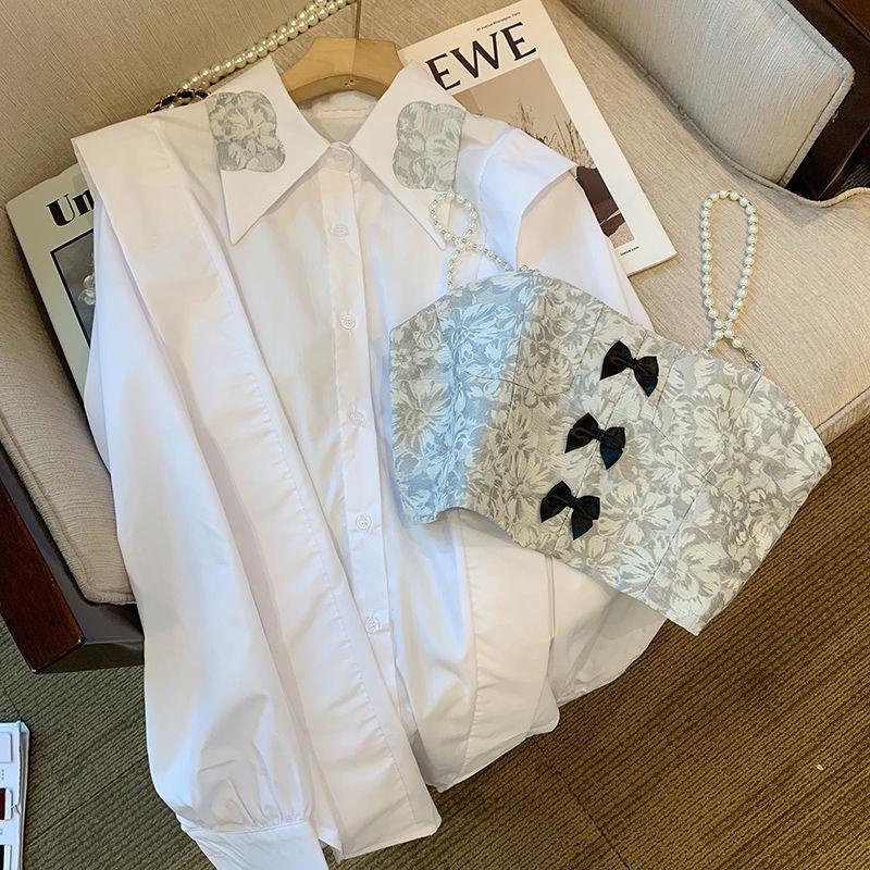 White shirt Women's Pearl suspender two-piece suit new design sense niche fashion fashionable chic top