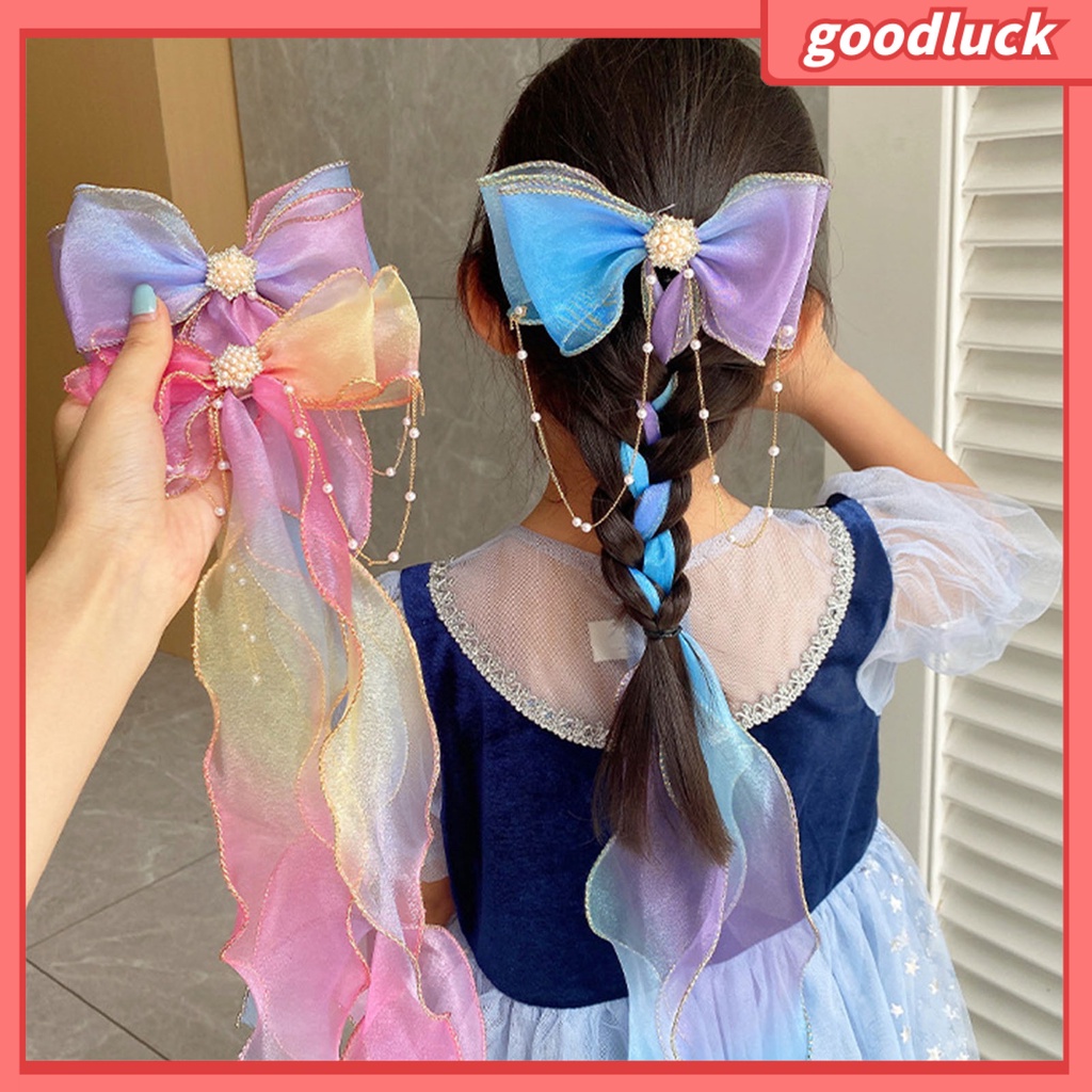 Kẹp Tóc Hình Nơ Đính Ngọc Trai Giả Màu Gradient Thời Trang Halloween