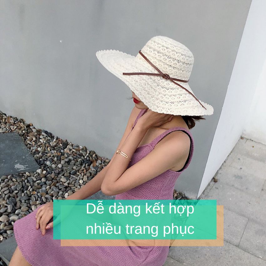 Mũ ren rộng vành thắt dây da sang chảnh