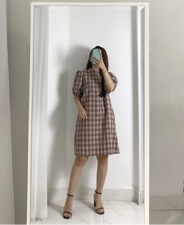 [Ảnh thật] Váy kẻ cổ cao tay bồng (be, nâu đỏ)_