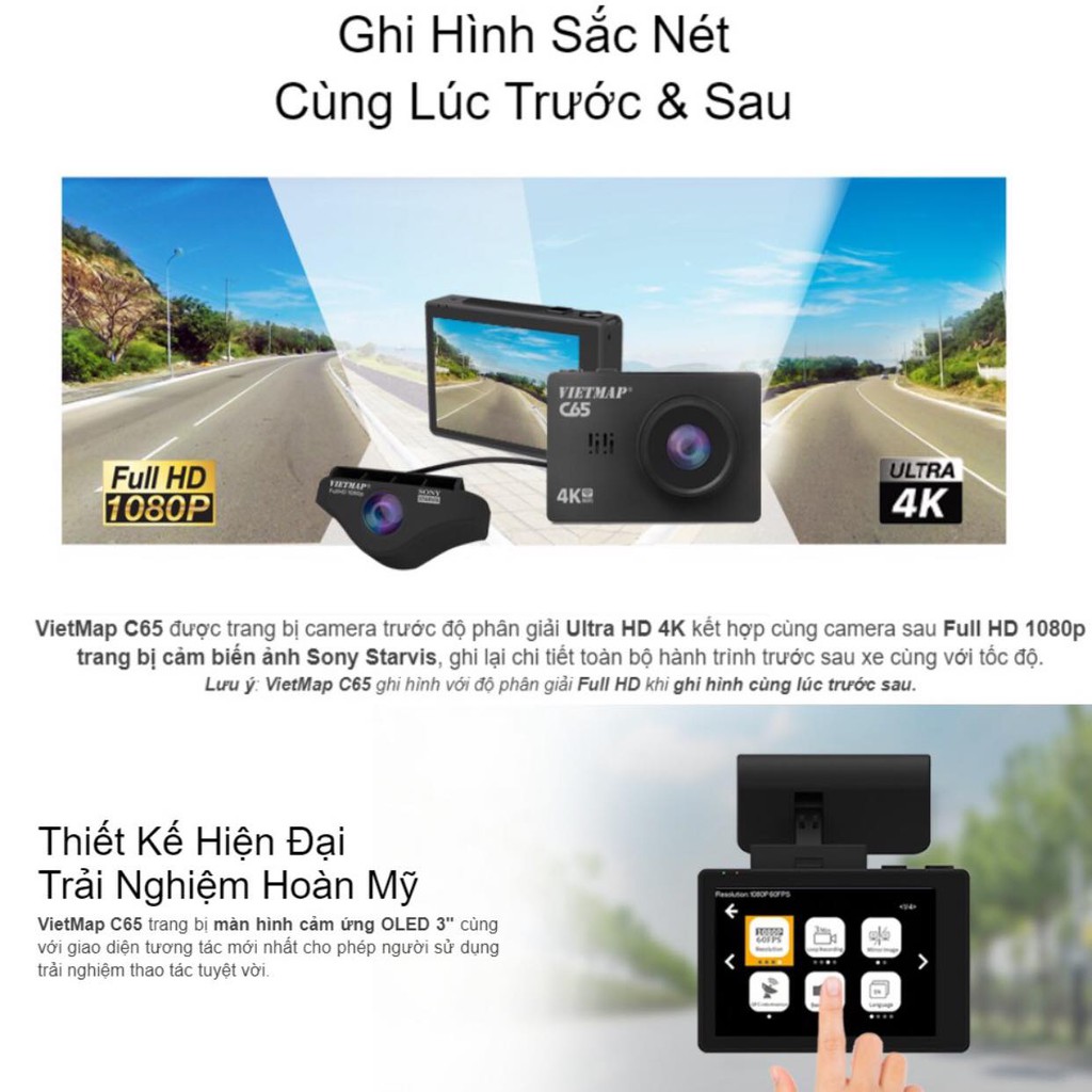 [ CHÍNH HÃNG] Camera hành trình VIETMAP C65 ghi hình trước sau, bảo hành 12 tháng+ thẻ nhớ 32G