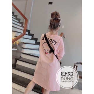 Đầm dáng suông thun tay dài in logo chó Snoopy dễ thương
